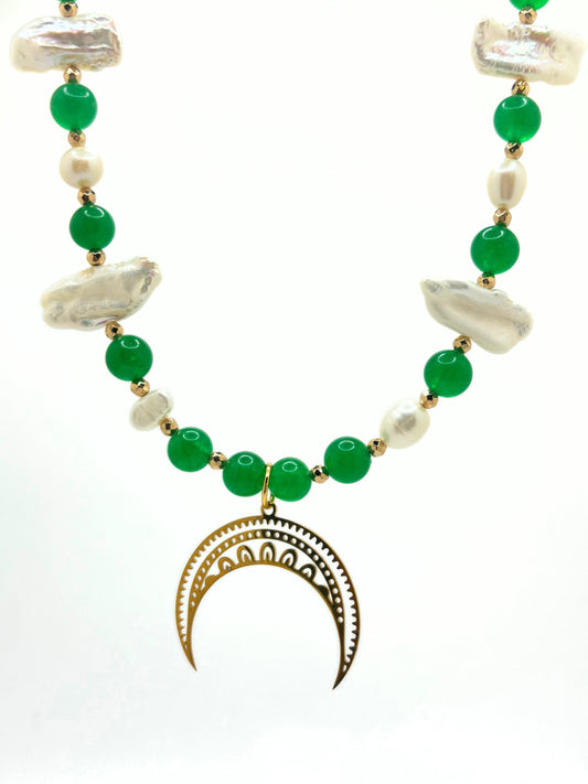 Pearl and green moon necklace