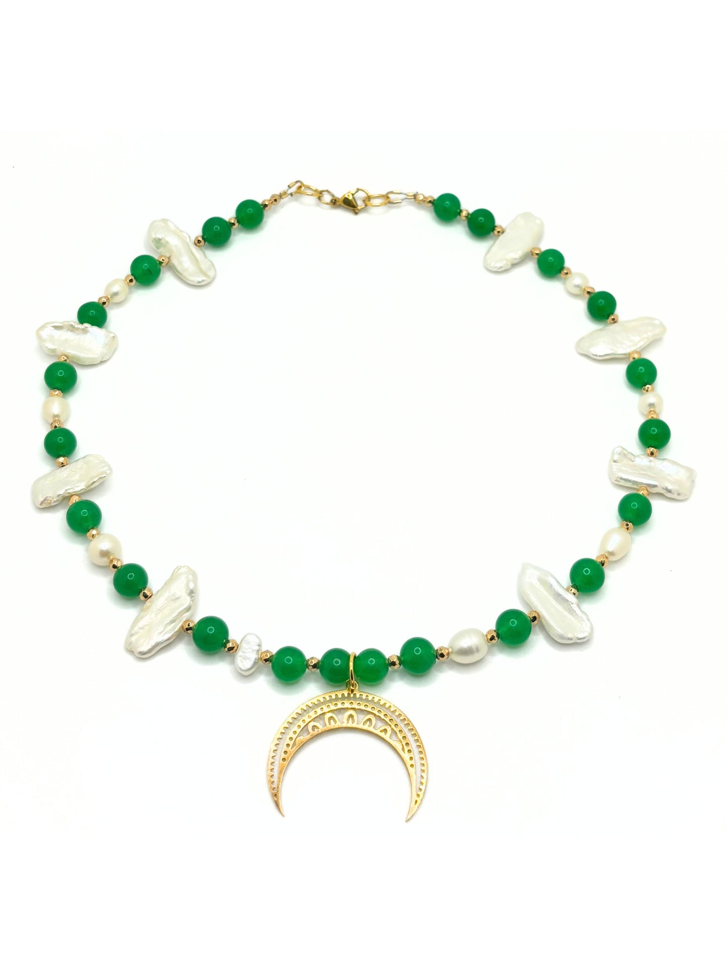 Pearl and green moon necklace